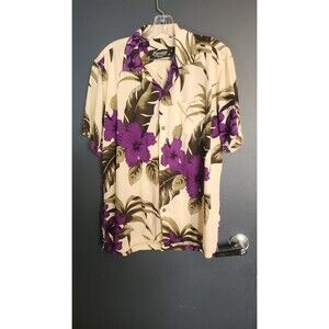 favant Tropical Luau Beach Floral Print Men’s Hawaiian Aloha ShirtCream/Purple M